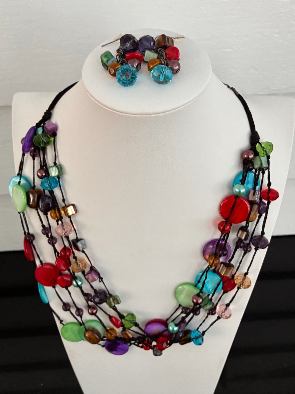 Premier Designs Necklace/Earring Set Multistrand Black Cord w/ Multi Color Beads